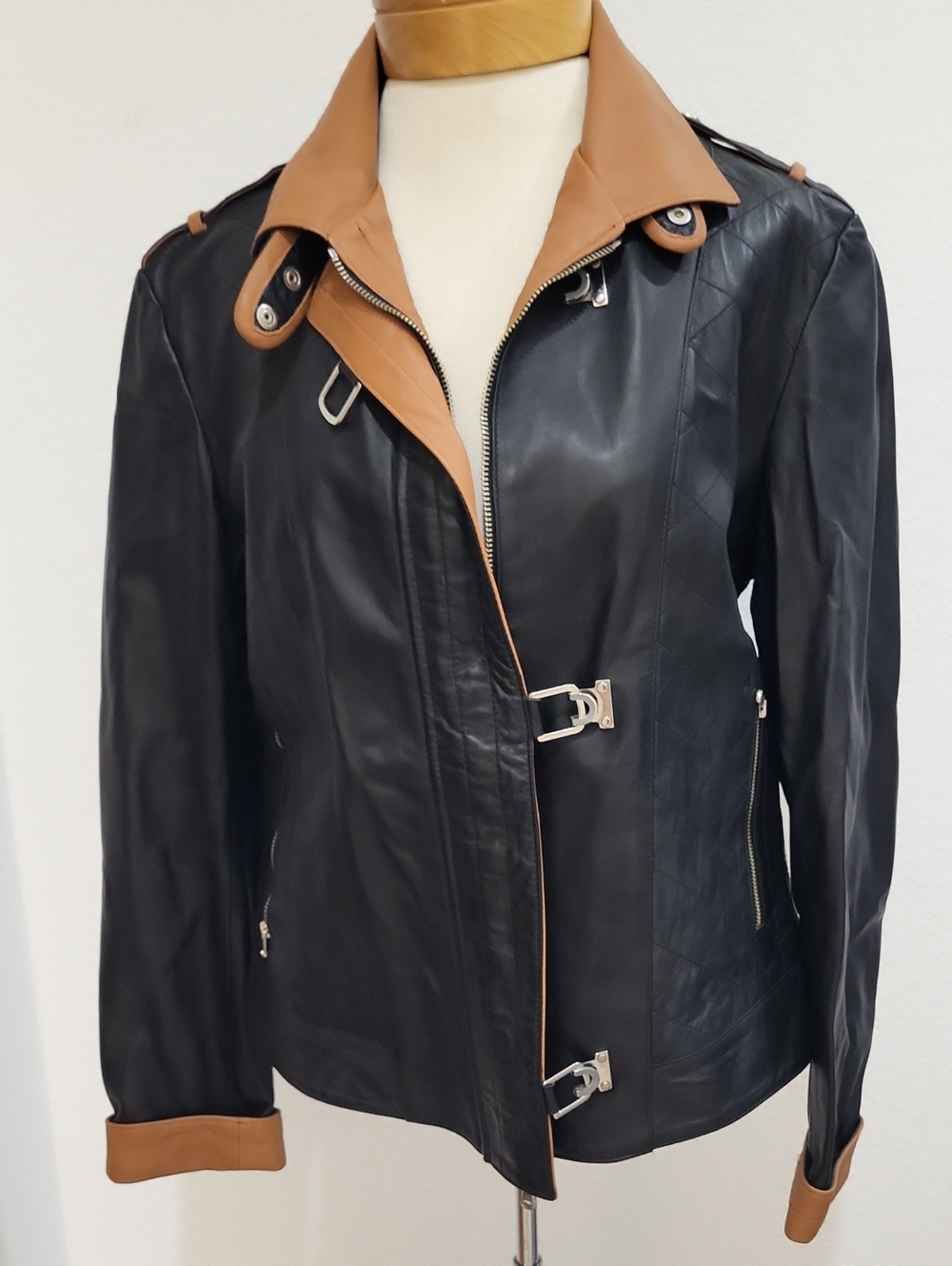 M& R Women's Two-Tone Black & Tan Leather Jacket - Made In Italy